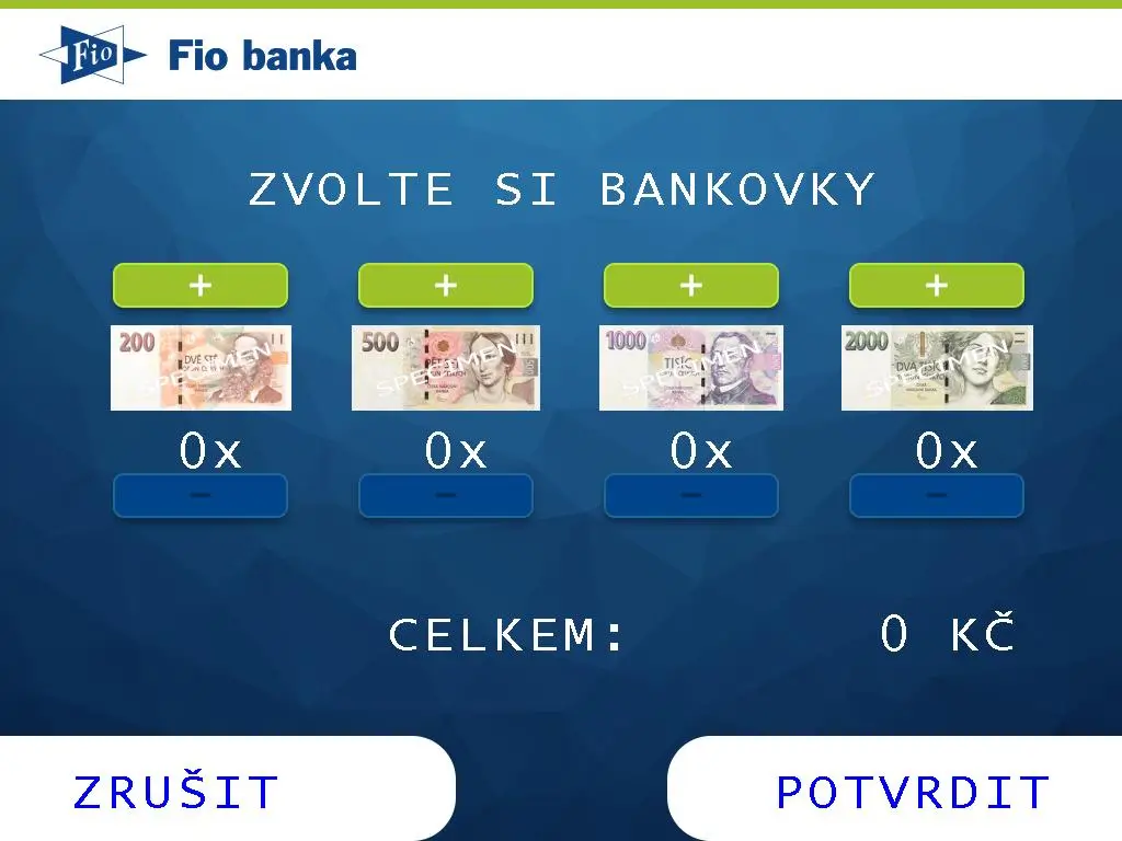 Obrazovka výberu Fio a bankoviek